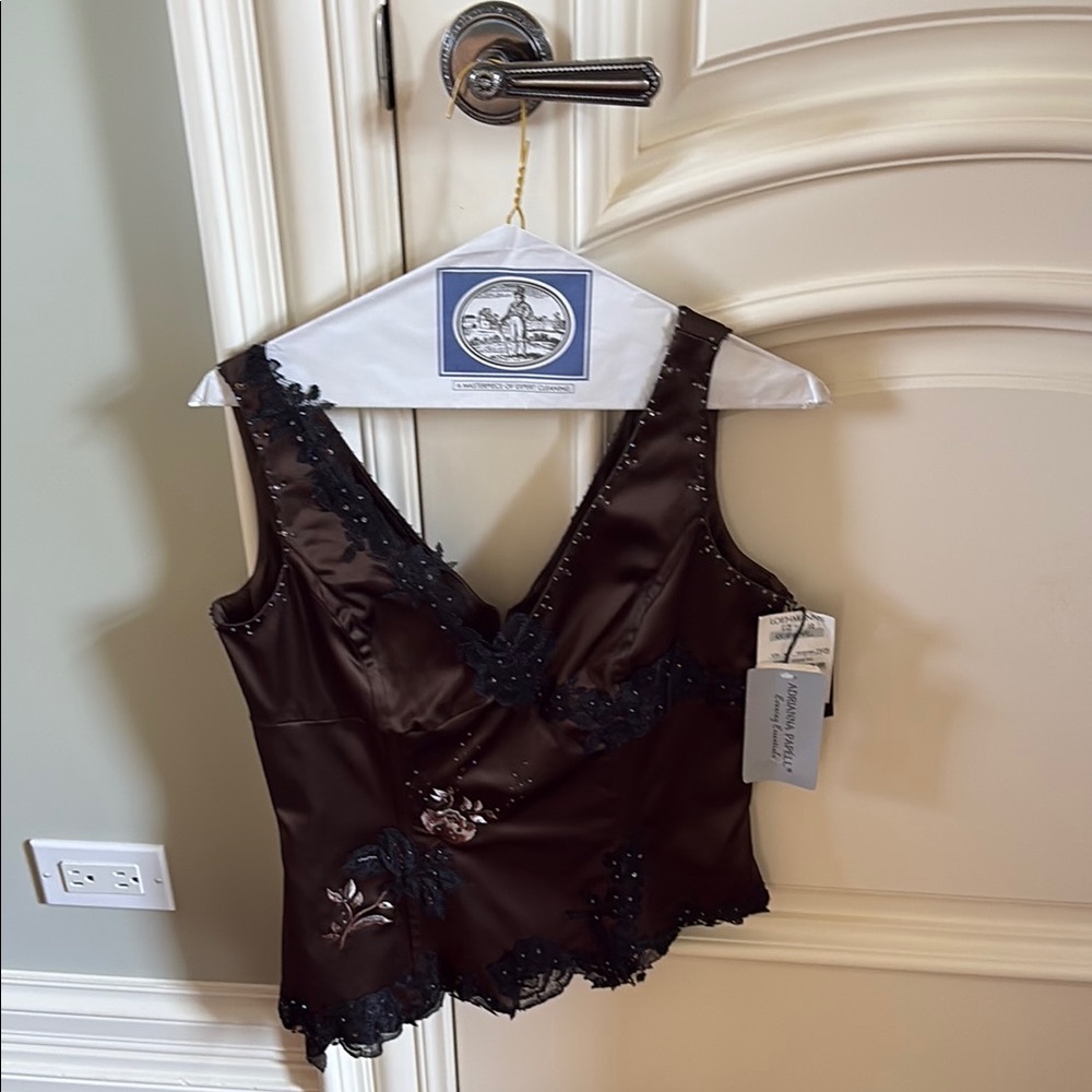 Brown Satin Top with Black Lace Accents